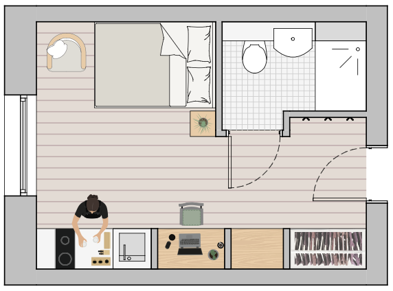 Potential co-living studio layout with kitchenette, workspace and en-suite bathroom