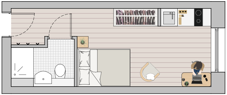 Potential accessible co-living studio layout with kitchenette, workspace and en-suite bathroom