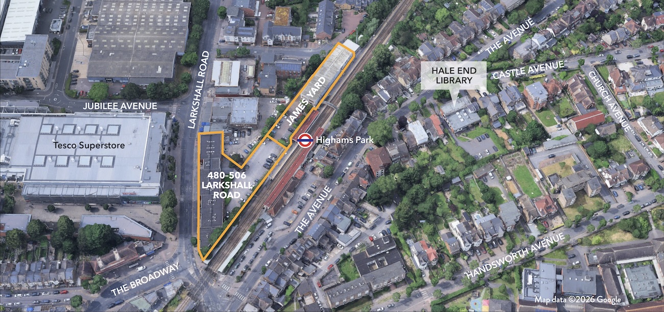 Aerial map showing the 480–506 Larkshall Road and James Yard sites